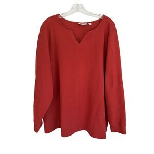 D&Co Essentials Womens 3X Red Waffle Knit Thermal Top Notch V-Neck Long Sleeve